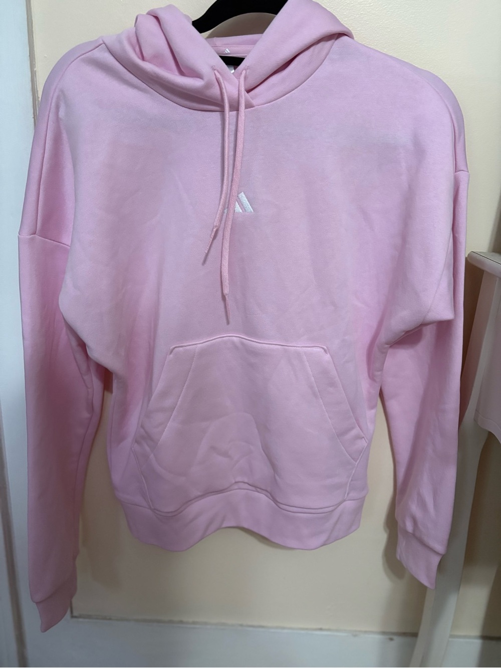 NWT ESSENTIALS SMALL LOGO FEEL COZY HOODIE XS ; Clear Pink / White